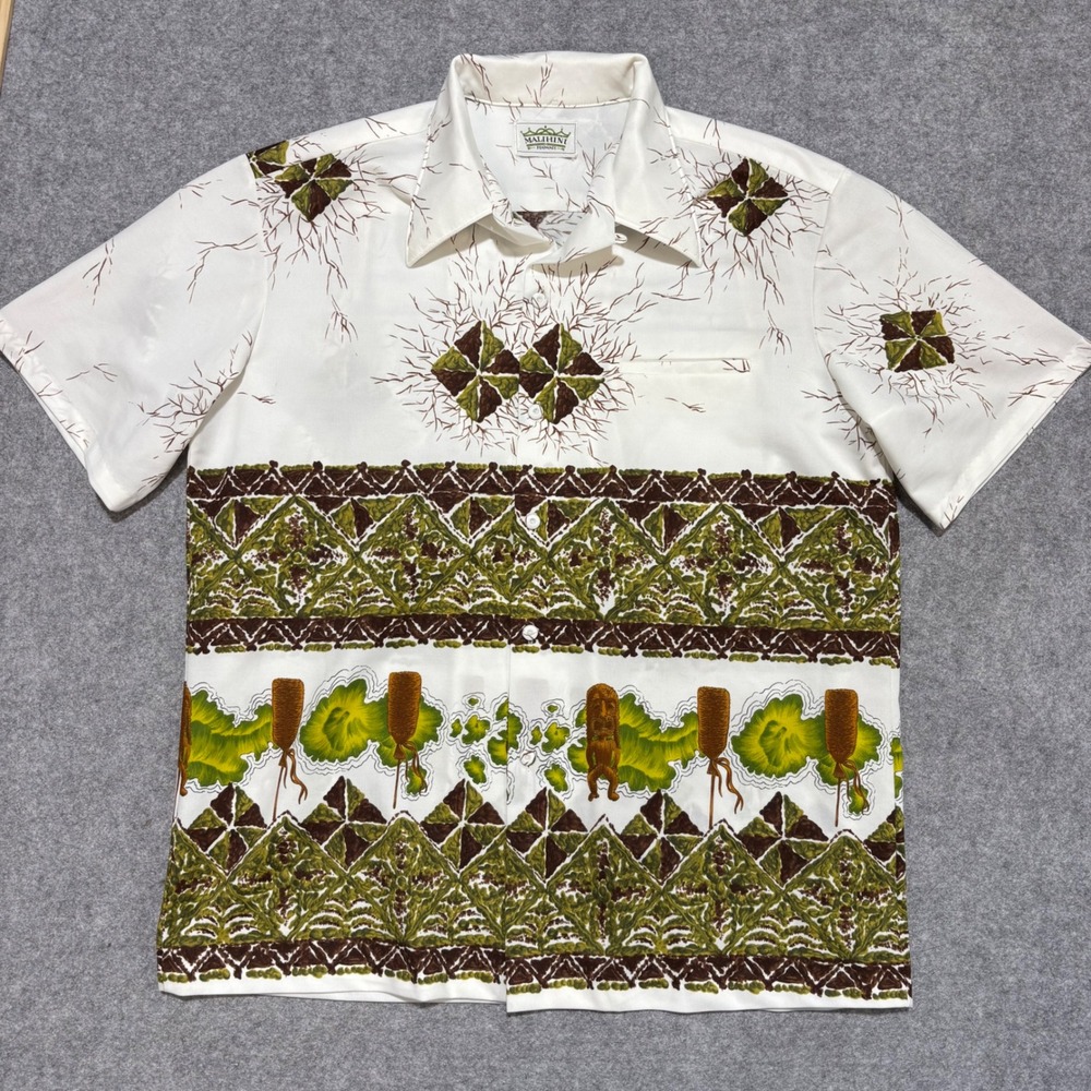 Vintage Malihini Hawaii Mens Tiki Border Print Aloha Shirt White Brown Green L